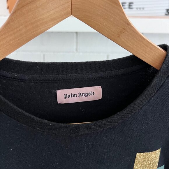 Palm Angels Palm Tree Photo Gold Glittery Stripes Black Tshirt - Picture 4 of 6